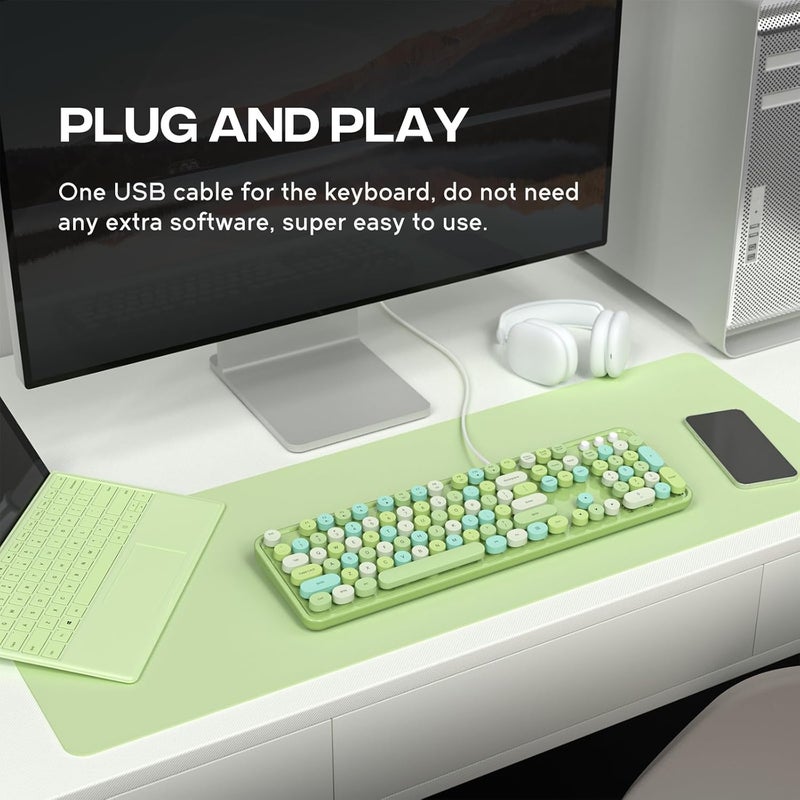 Atelus Computer Keyboard Wired, Typewriter Style, Plug Play USB Keyboard with Large Number Pad, Caps Indicators, Foldable Stands, Full Size Wired Keyboard for Windows PC Laptop (Green Colorful) - Image 2